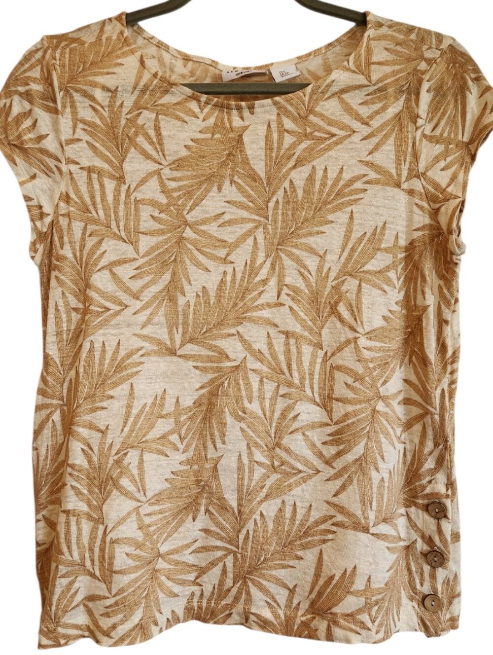 Nicole Miller Cream/Tan Leaf-Print Cap Sleeve 100% Linen Top Size S Lightweight